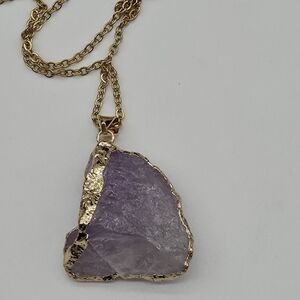 Natural Healing Stone Amethyst & Gold Foil Pendant with 18K Gold Plated Necklace